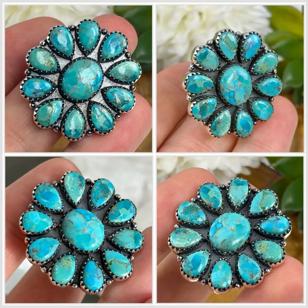 Pure Sterling Silver 925 Kingman Turquoise Cluster Ring 9.25 9 1/4 Navajo Style - Picture 7 of 10